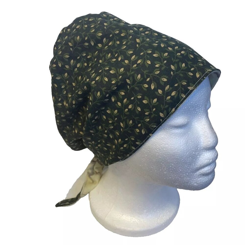 Women Handmade Tie Back Bonnet Hat Reversable Chemo Headscarf Green Cream